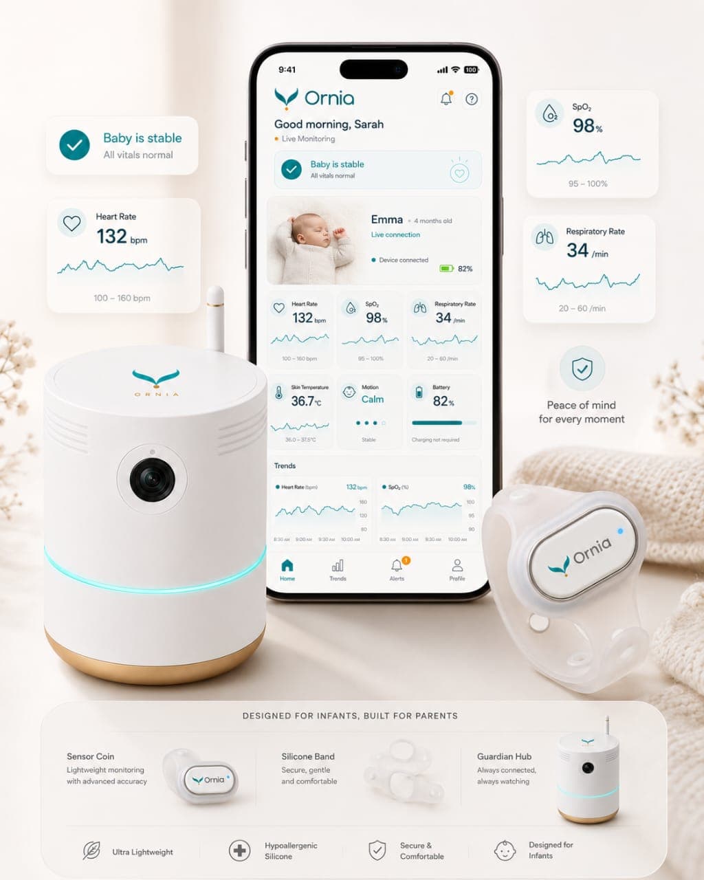 Ornia Core — the Guardian Hub, Sensor Coin, and the Ornia app showing a baby's live vitals